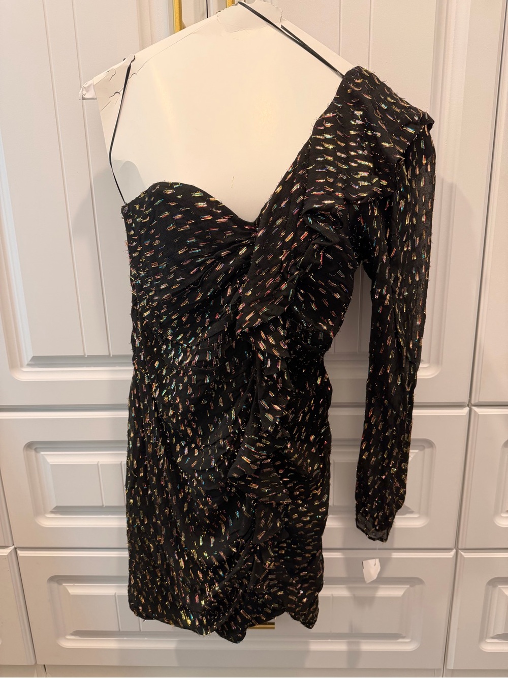 One-Shoulder Black Ruffle Mini Dress with Metallic Confetti